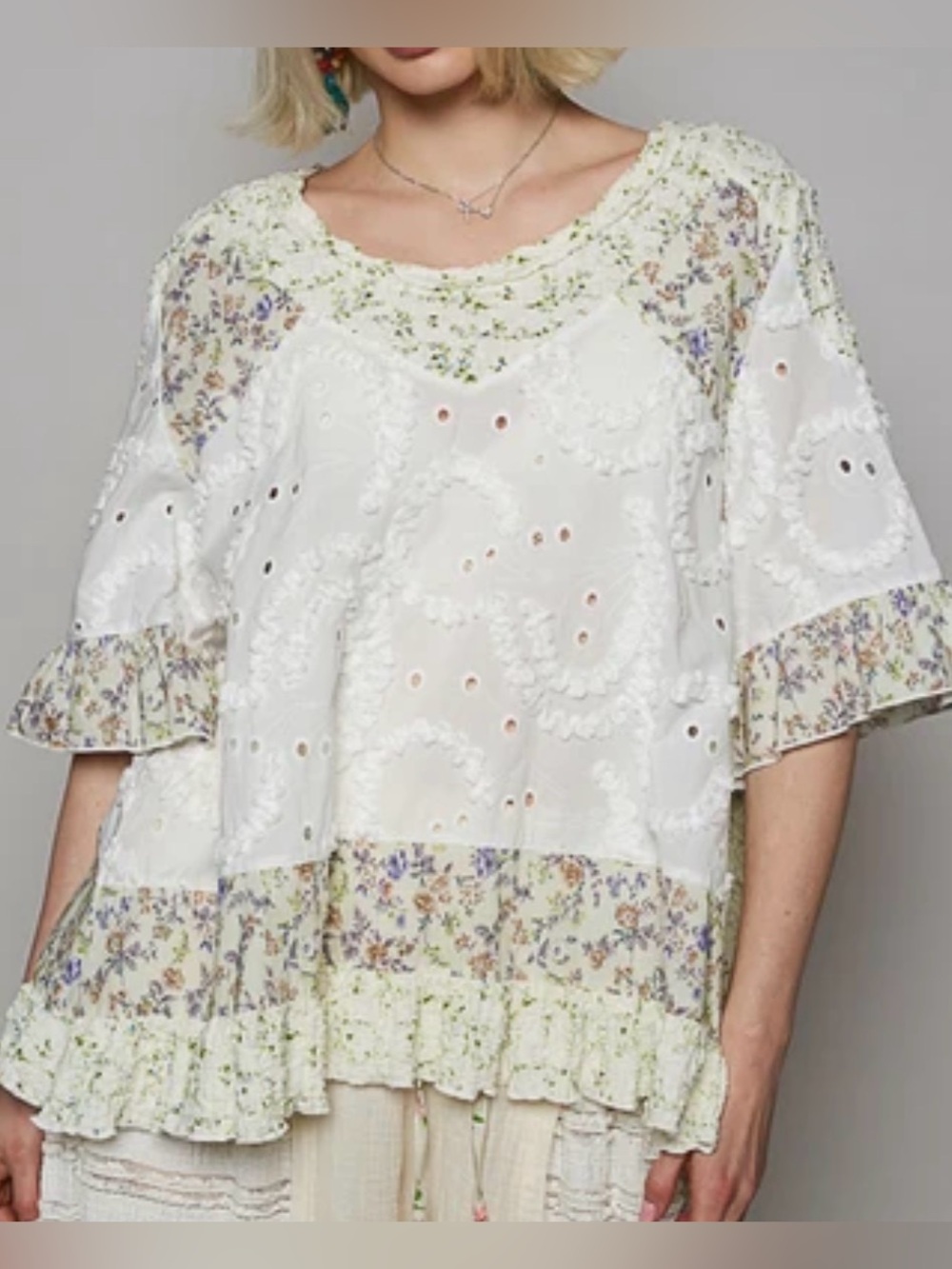 NWOT POL from Three Bird Nest White Eyelet Floral Patchwork Tunic